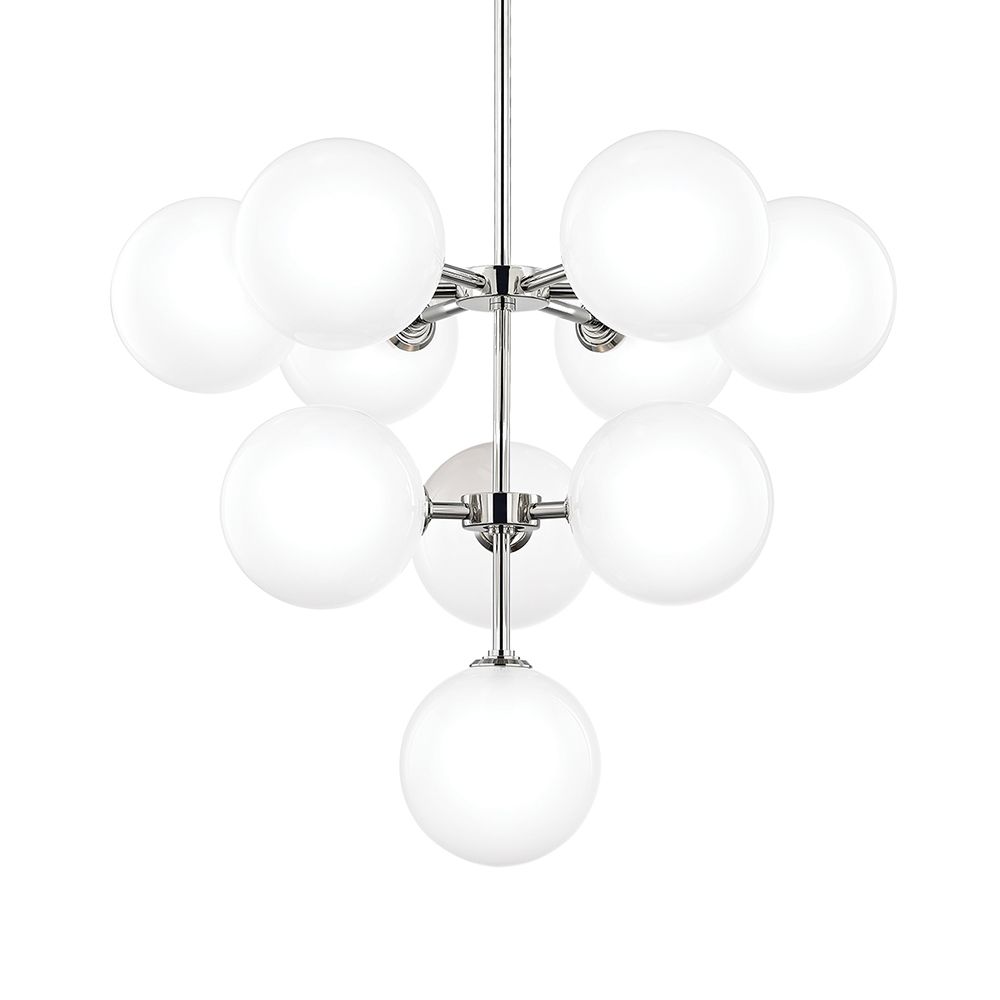 A chic and contemporary chandelier with symmetrical round glass shades and a polished nickel finish by Hudson Valley