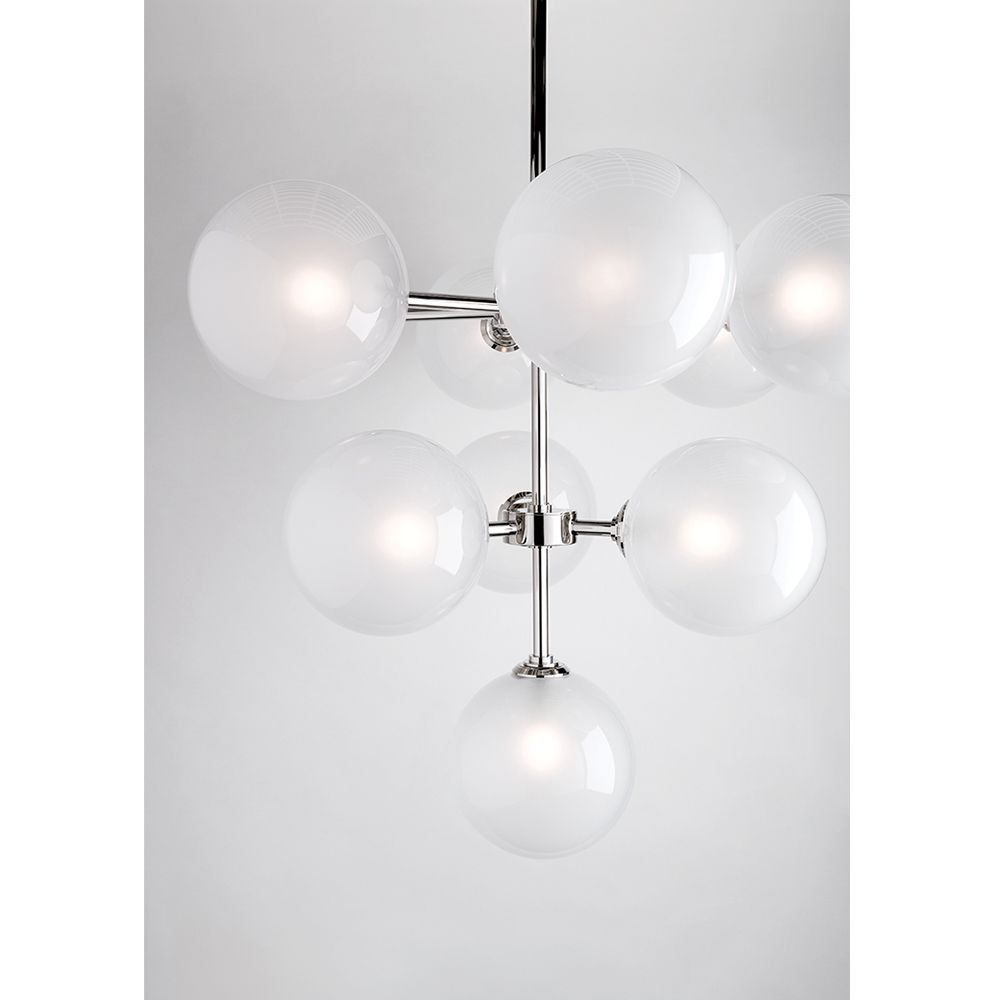 A chic and contemporary chandelier with symmetrical round glass shades and a polished nickel finish by Hudson Valley