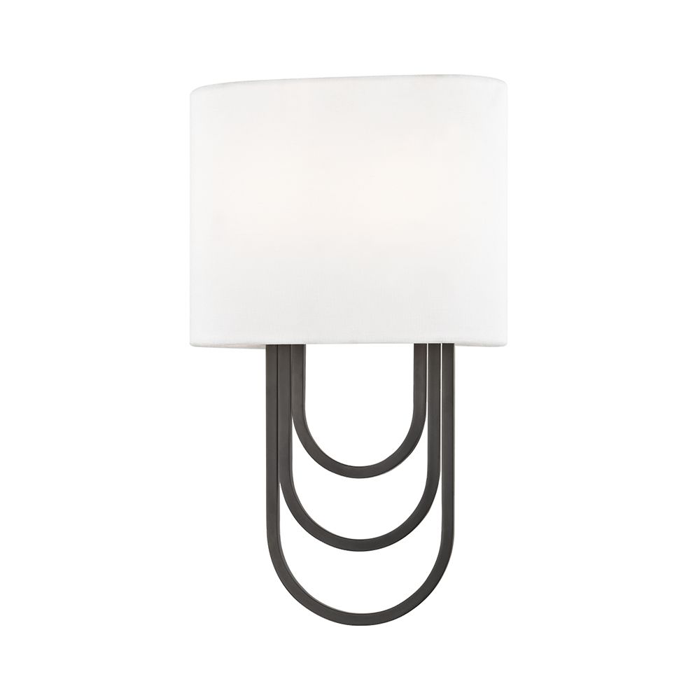 A glamorous wall sconce by Hudson Valley Farah with draped steel loops and an off-white linen shade