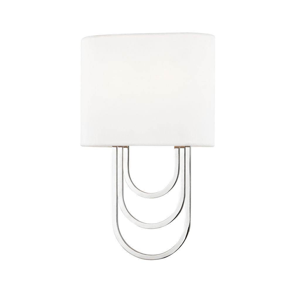 A glamorous wall sconce by Hudson Valley Farah with draped steel loops and an off-white linen shade