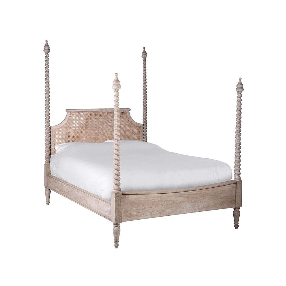 A beautiful superking bed with twisted columns and a rattan headboard.