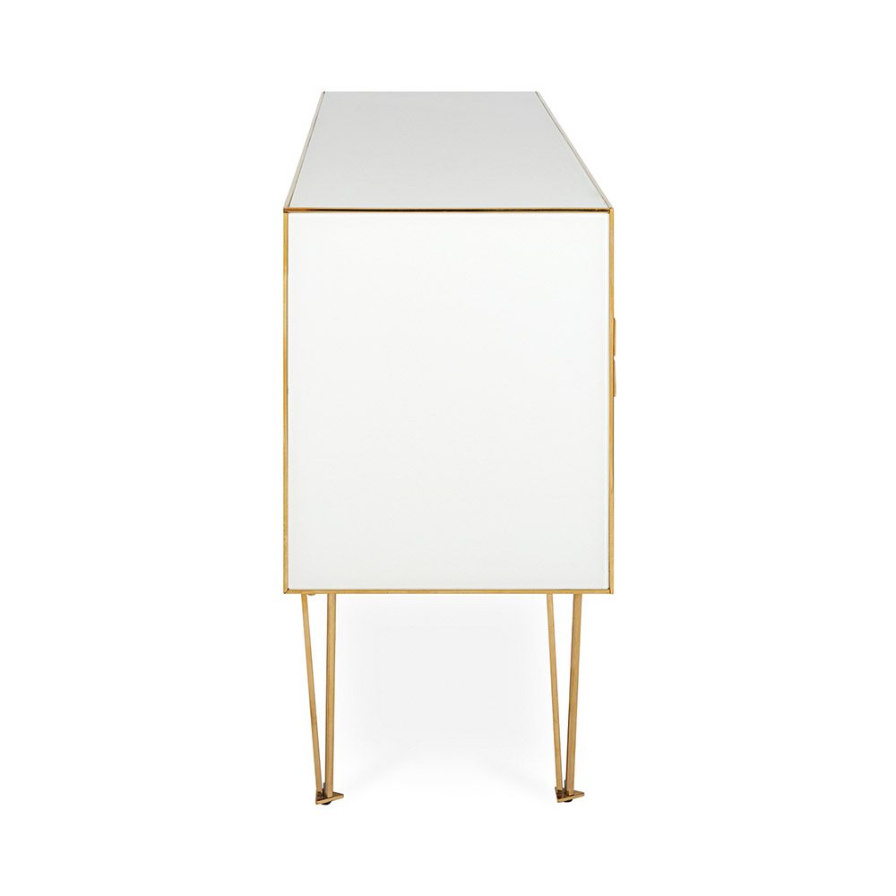 A glamorous multicoloured sideboard with painted glass and brass accents