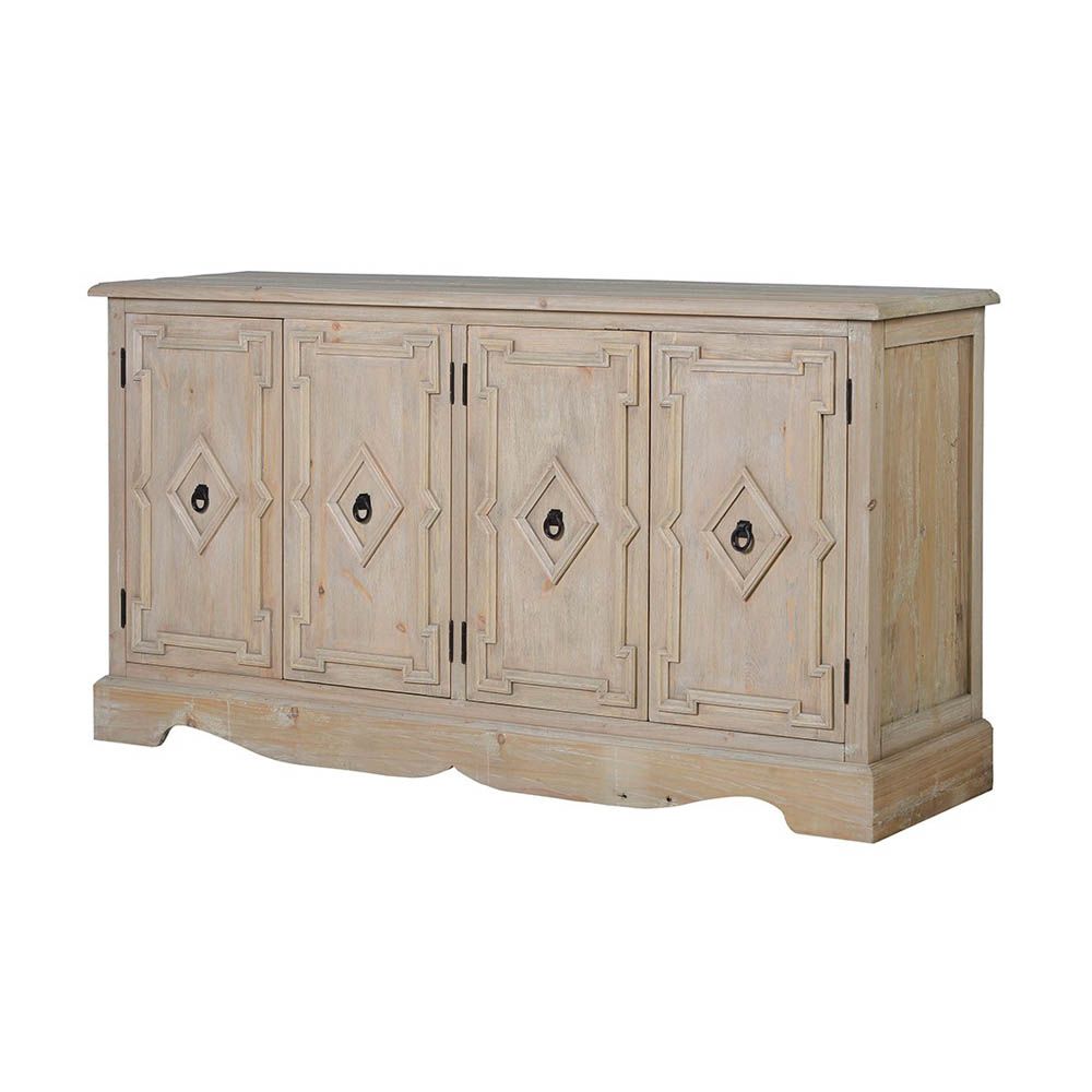 beautiful and chic rustic sideboard with wooden detailing and four hinged doors