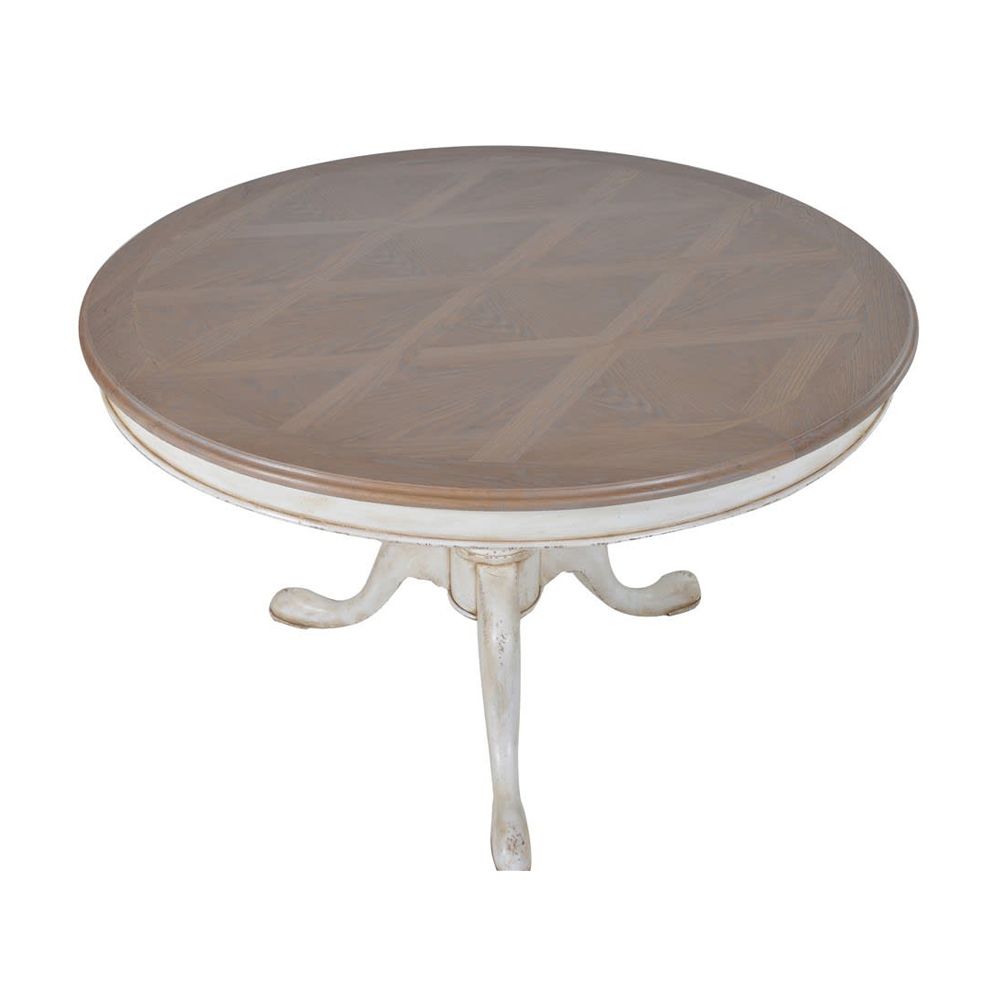 Round French-style table with parquet tableotop
