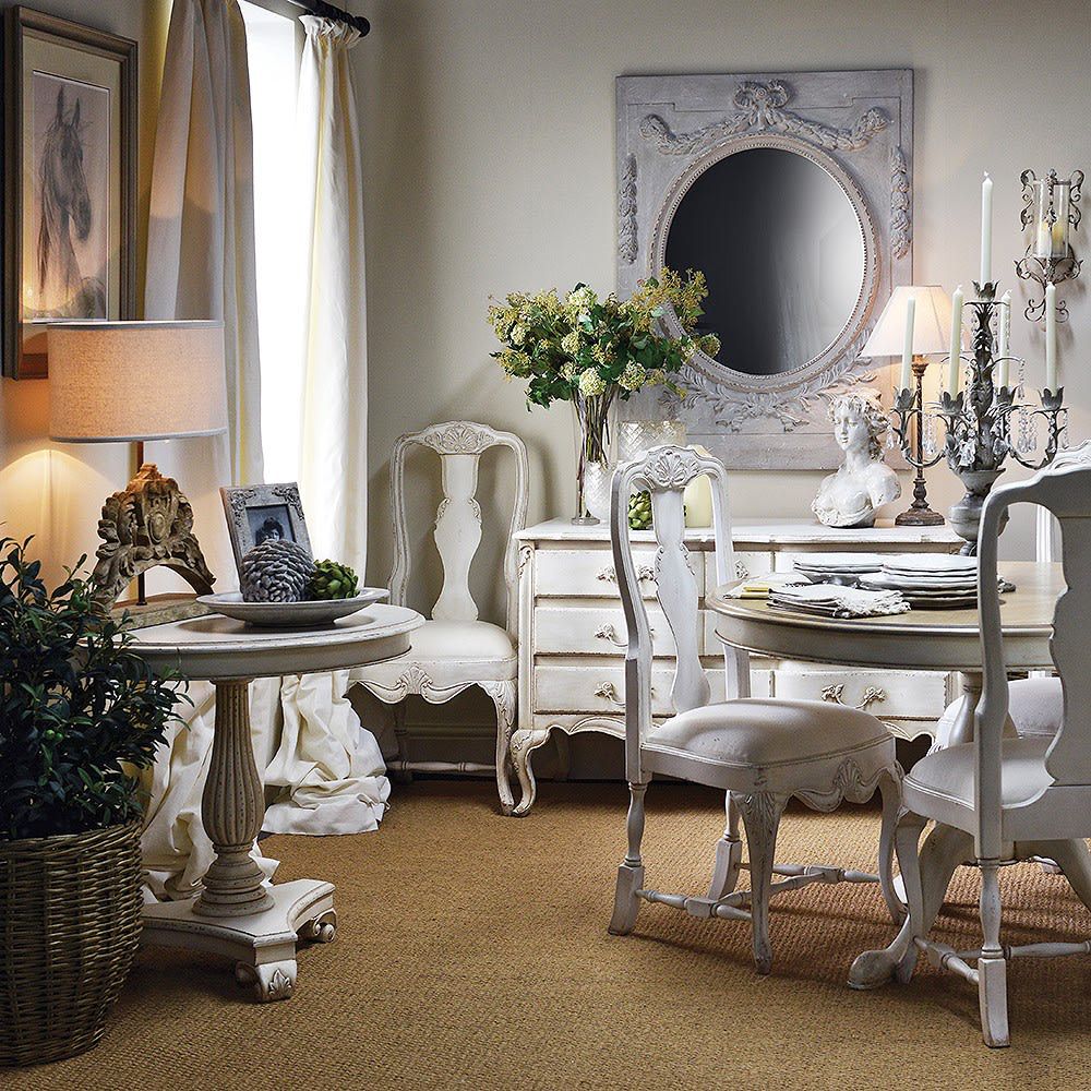 Round French-style table with parquet tableotop