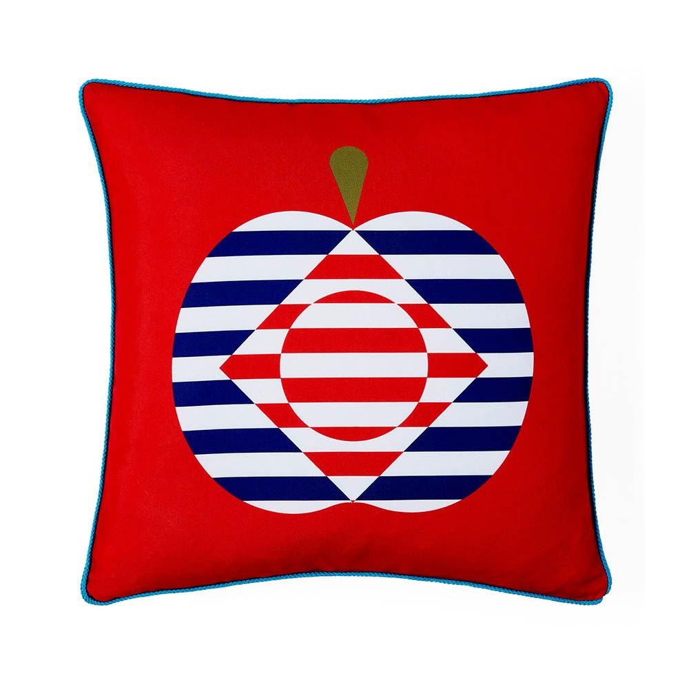 Reversible fruit print cushions, with blue and red sides