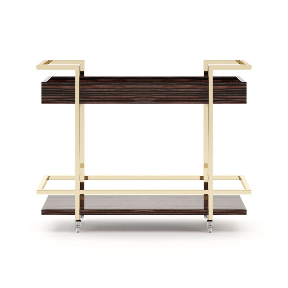 A luxurious mid-century inspired tea cart/drinks trolley with golden accents 
