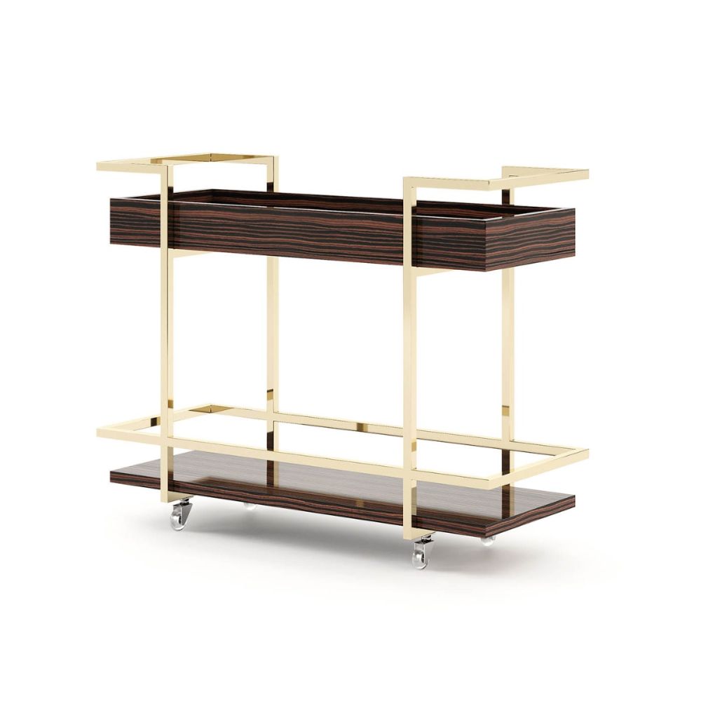 A luxurious mid-century inspired tea cart/drinks trolley with golden accents 