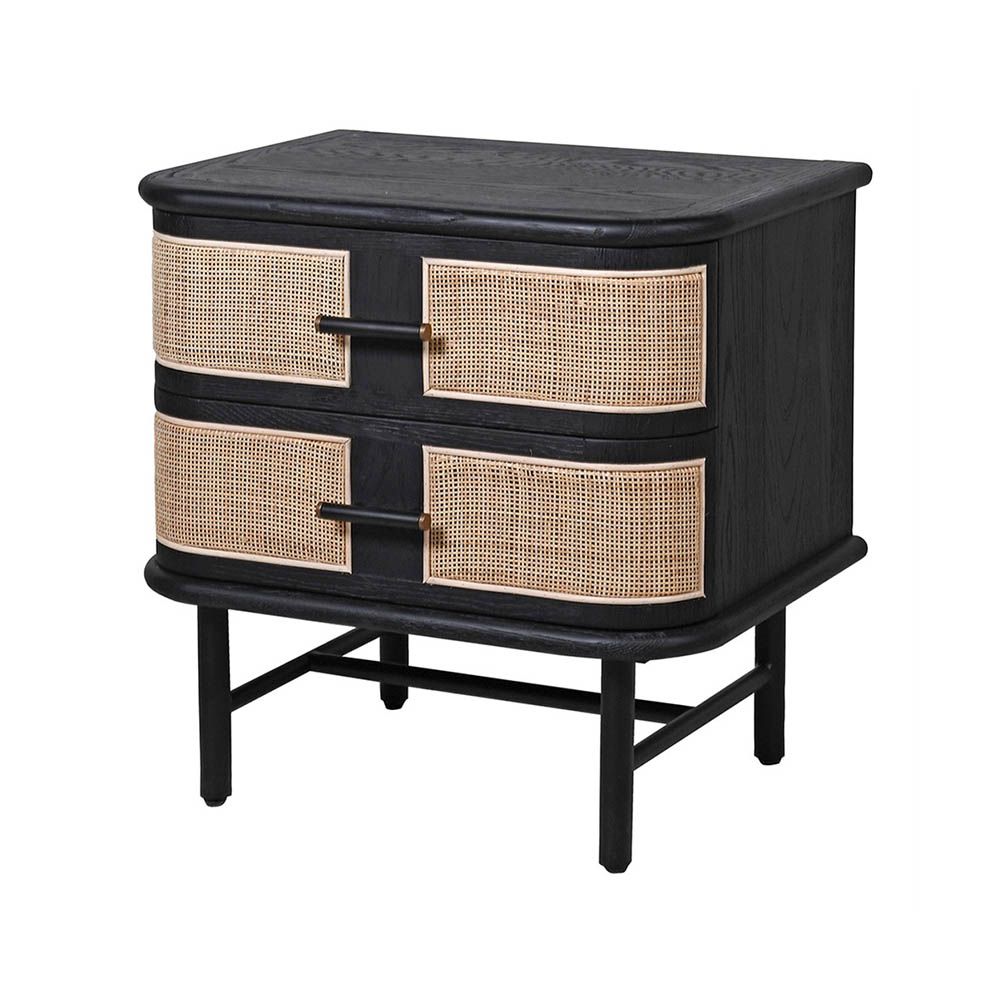 Bedside table with black wooden finish and rattan finish on the drawers