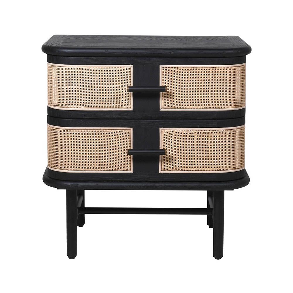 Bedside table with black wooden finish and rattan finish on the drawers