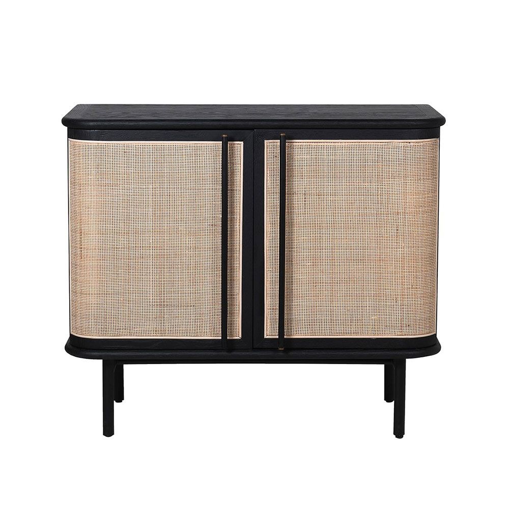Enchanting side board in black wooden finish with rattan doors