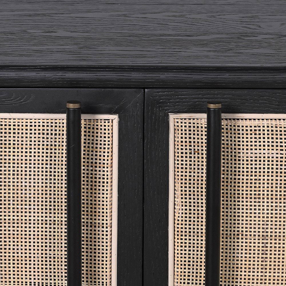 Enchanting side board in black wooden finish with rattan doors