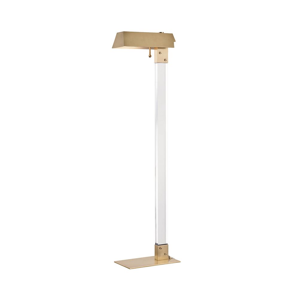 A sleek, retro-inspired floor lamp made from aged brass and acrylic