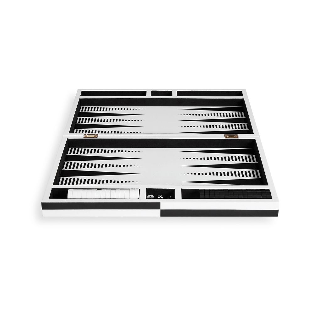 A luxury, monochrome backgammon set by Jonathan Adler with a high-contrast, luxe lacquer and velvet lining