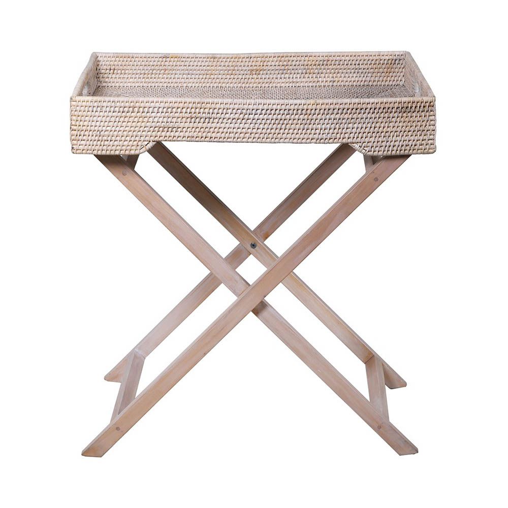 chic and functional woven rattan tray on a stand of mahogany