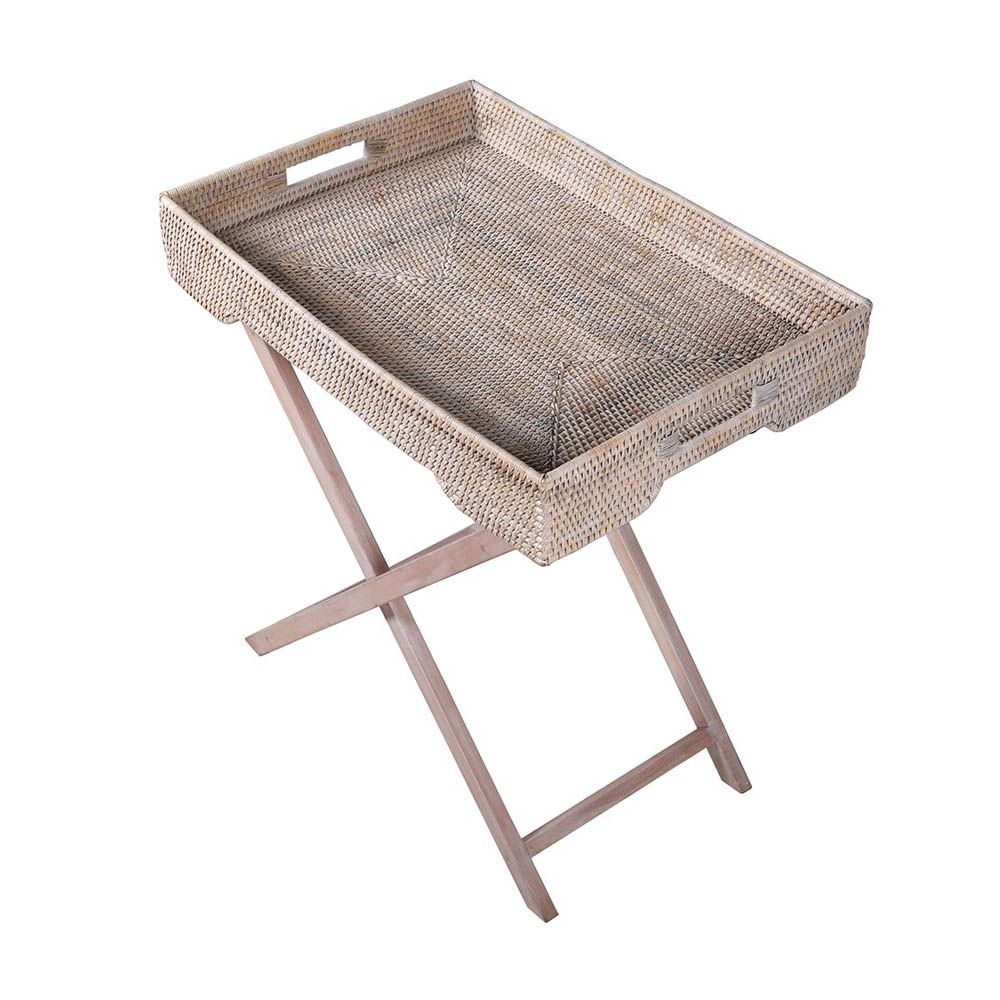 chic and functional woven rattan tray on a stand of mahogany