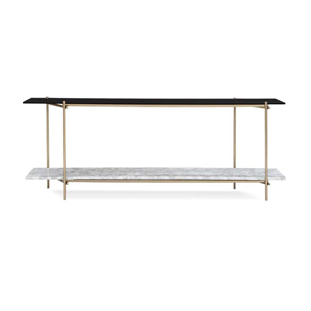 A luxurious contemporary metal and marble console table with a tinted glass top