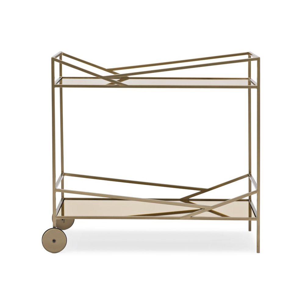 A luxury bar cart by Caracole with a glamorous gold finish