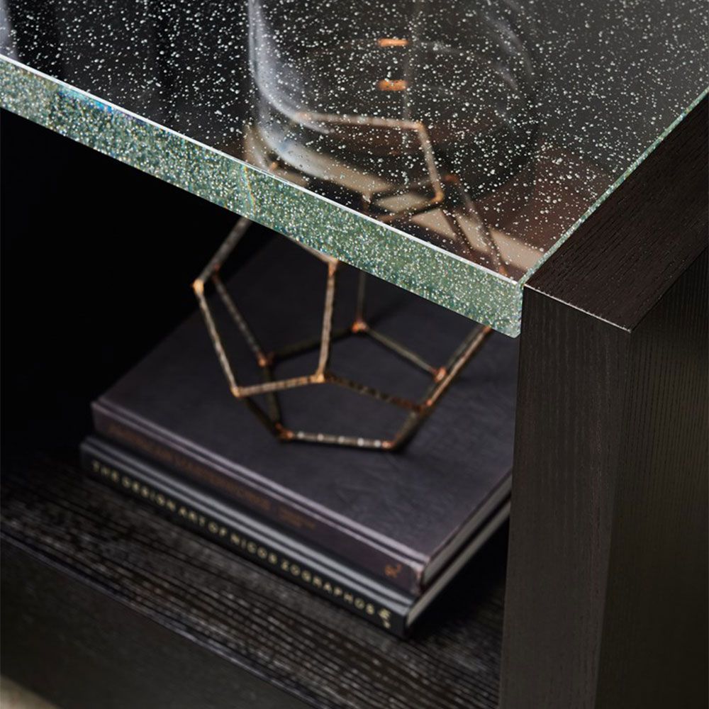 Captivating bedside table in black finish with bubble glass top 