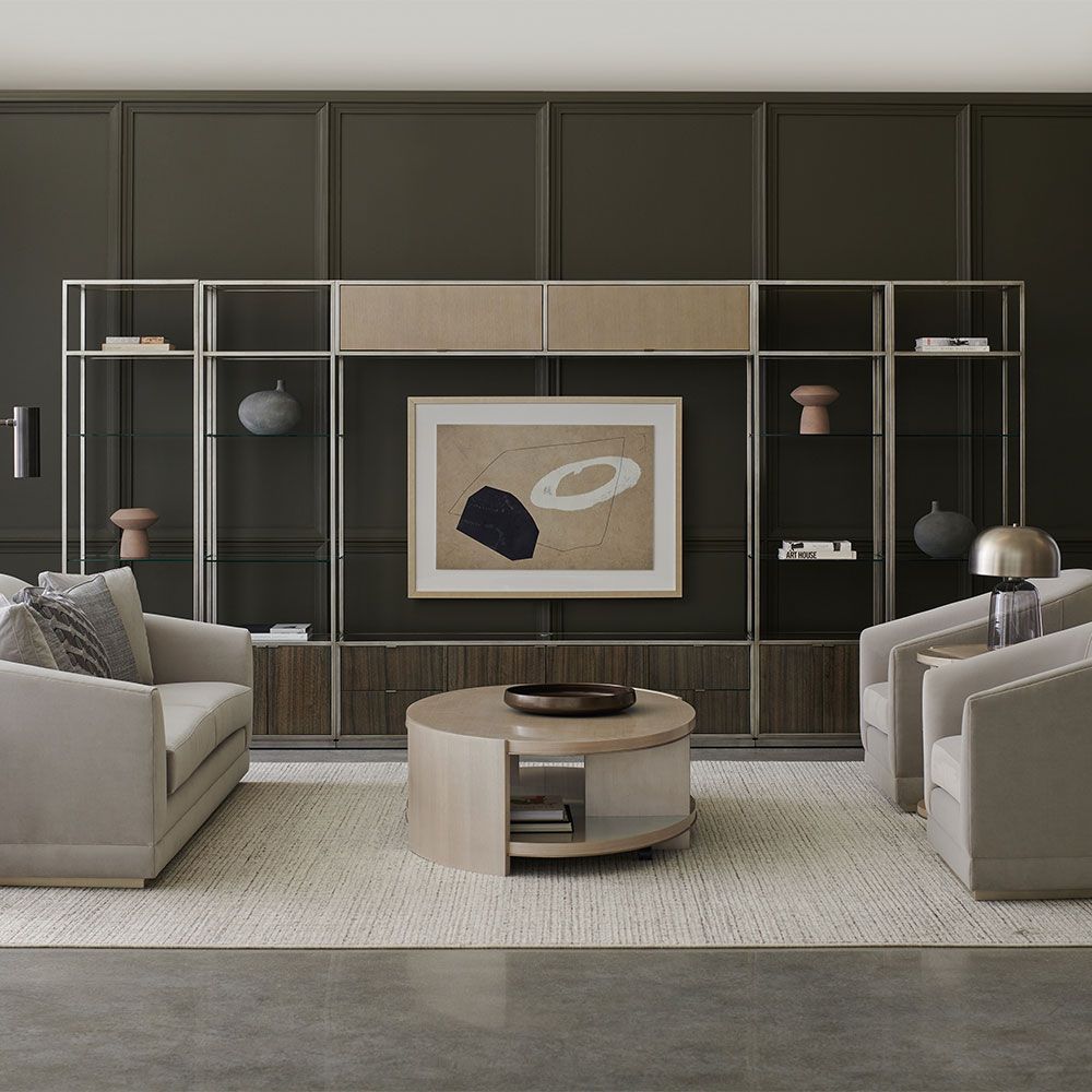 Modern shelving unit with glass shelves, metal frame and cupboard storage 