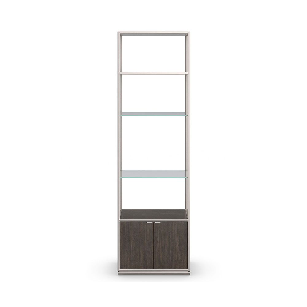 Modern shelving unit with glass shelves, metal frame and cupboard storage 