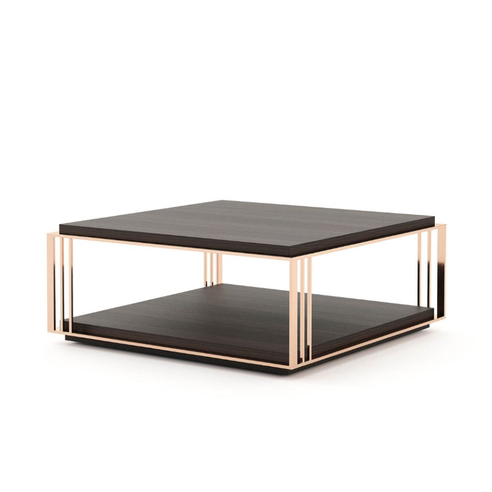 A stylish coffee table made from eucalyptus wood and copper-plated stainless steel