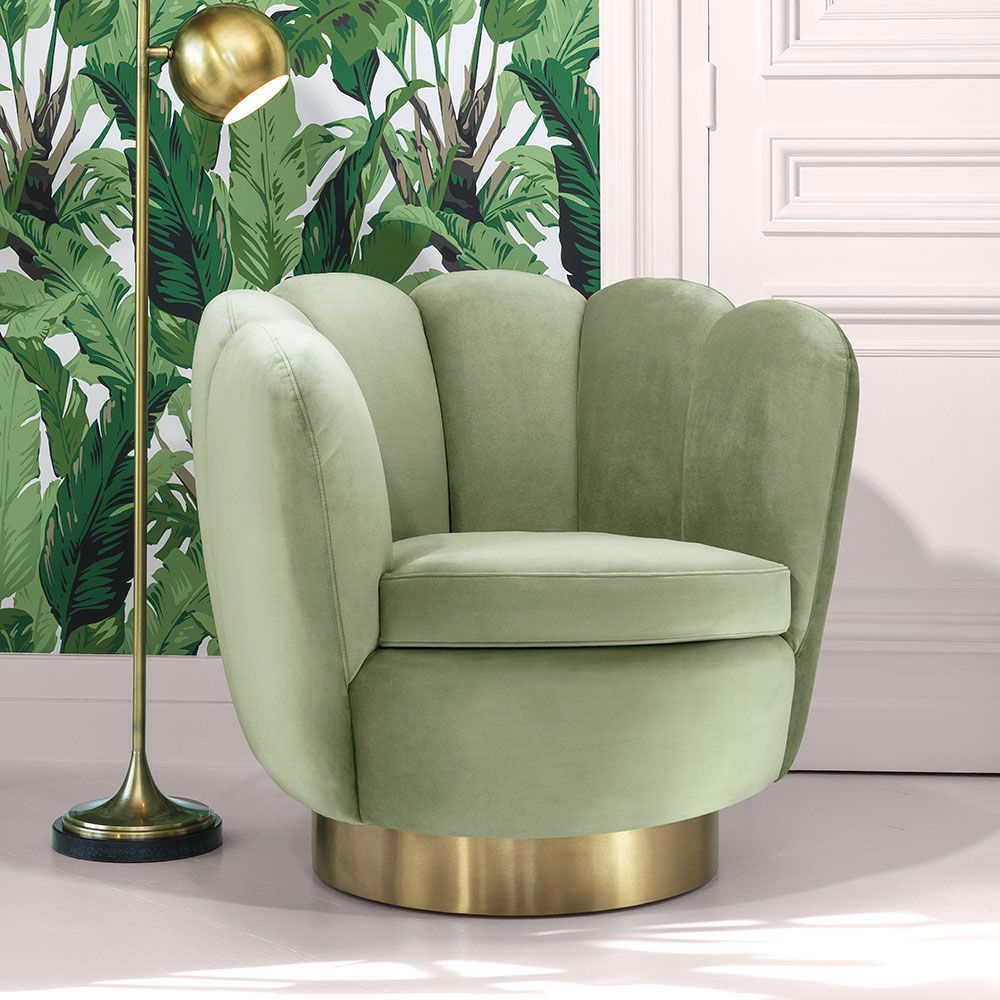 pistachio green art deco swivel chair with golden base