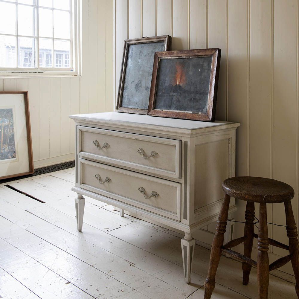 two drawer antique chest with whitewashed wood
