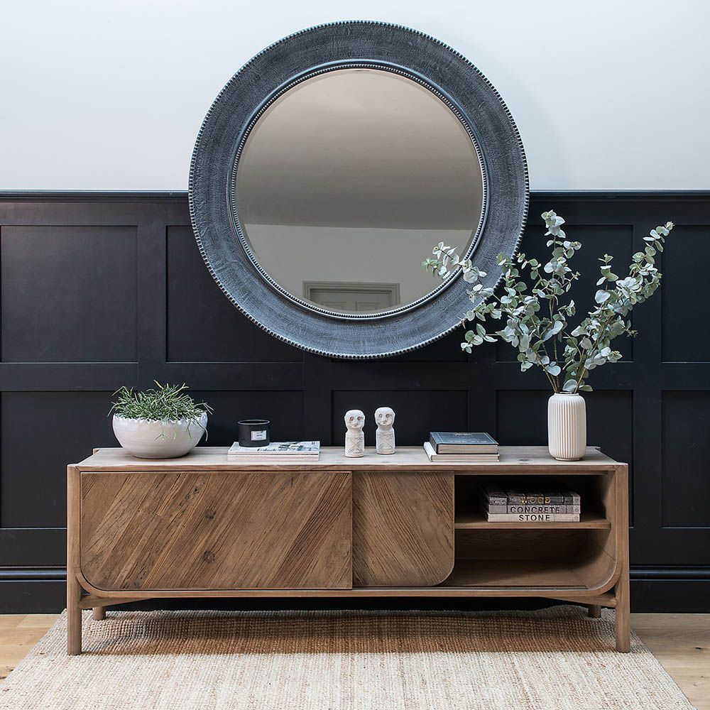 Scandi-inspired sideboard unit with space-saving sliding doors and wood finish