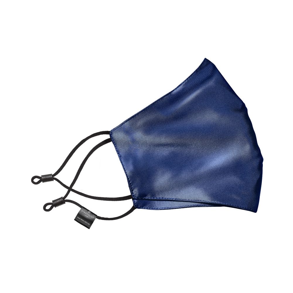 A stylish navy 100% Mulberry silk face mask with black straps