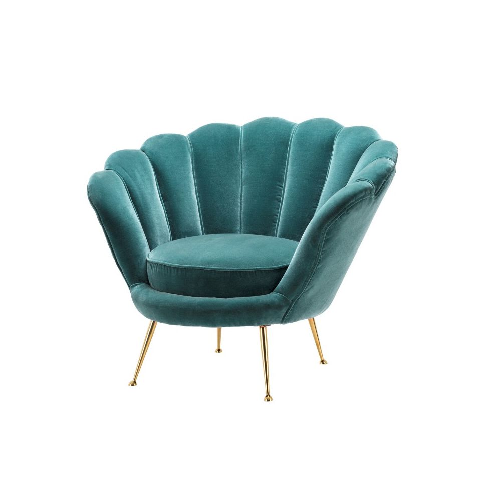 Turquoise art-deco inspired chair with shell design back and gold legs