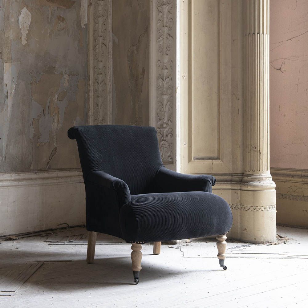 Gorgeous navy blue corduroy upholstered armchair with classic shape design