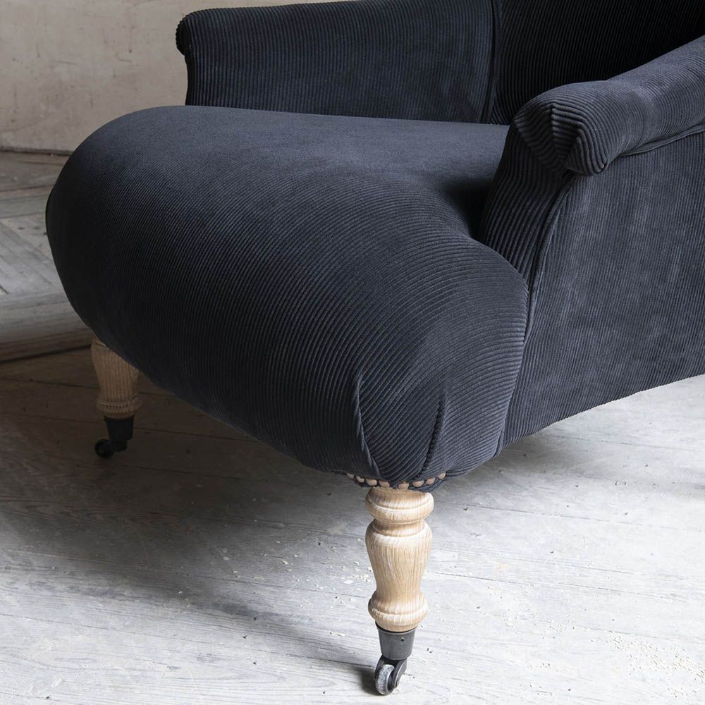 Gorgeous navy blue corduroy upholstered armchair with classic shape design