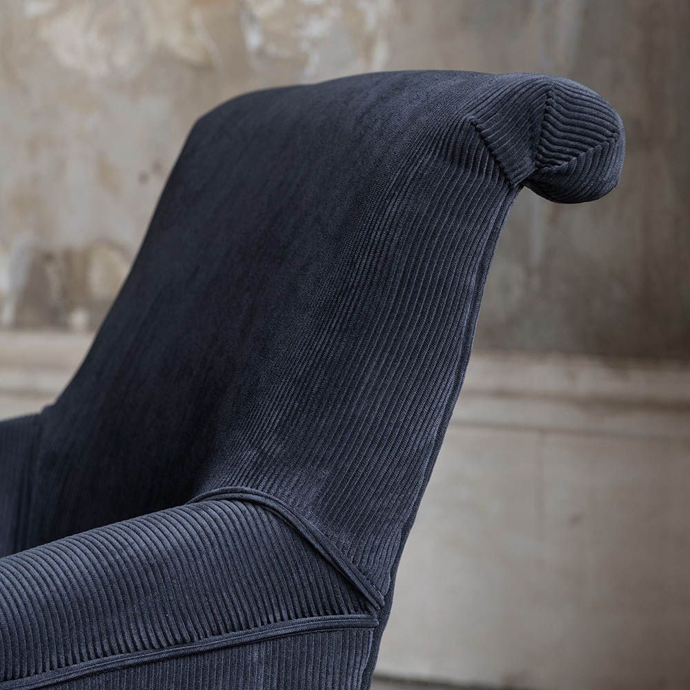 Gorgeous navy blue corduroy upholstered armchair with classic shape design