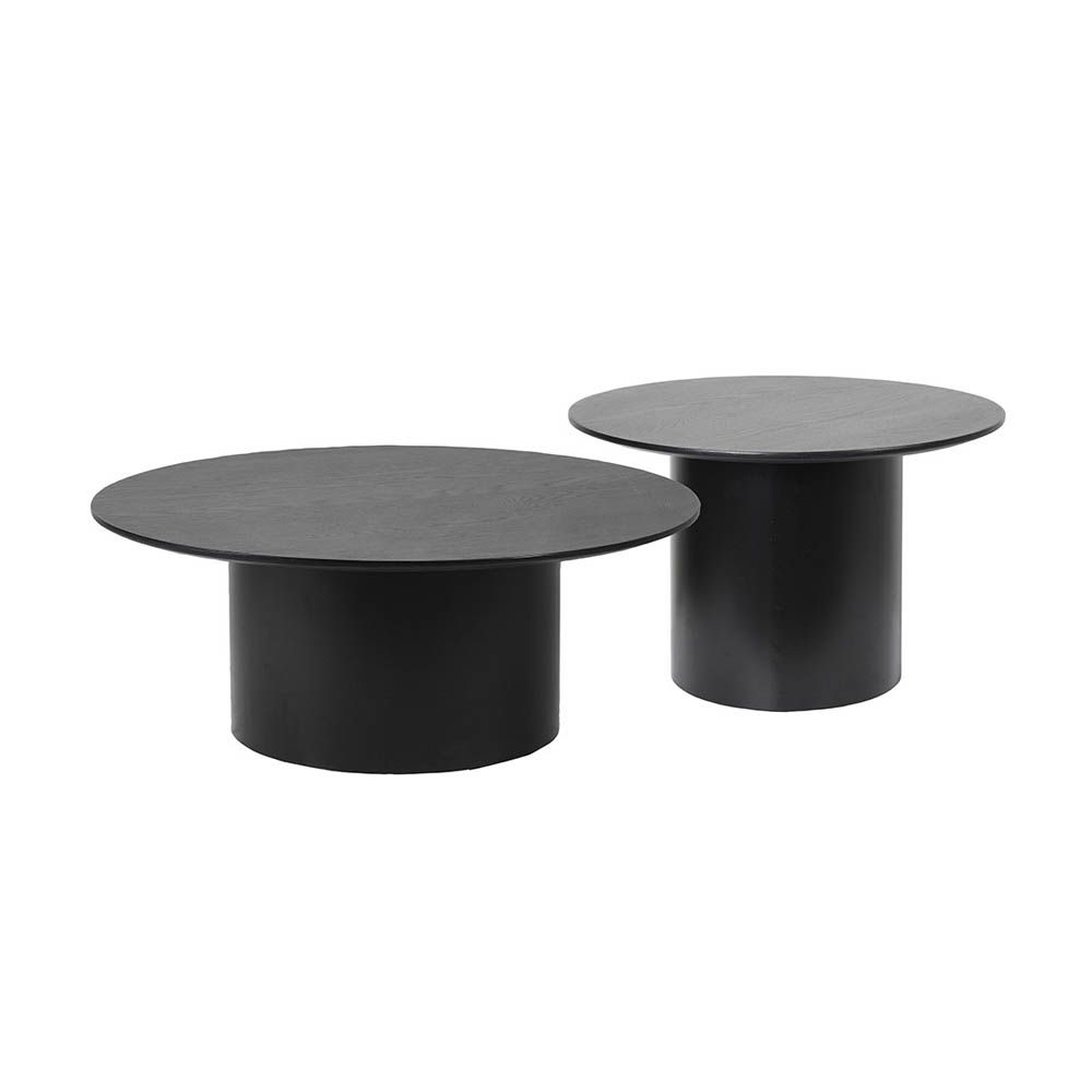 A sophisticated set of side tables with a round and black finish 