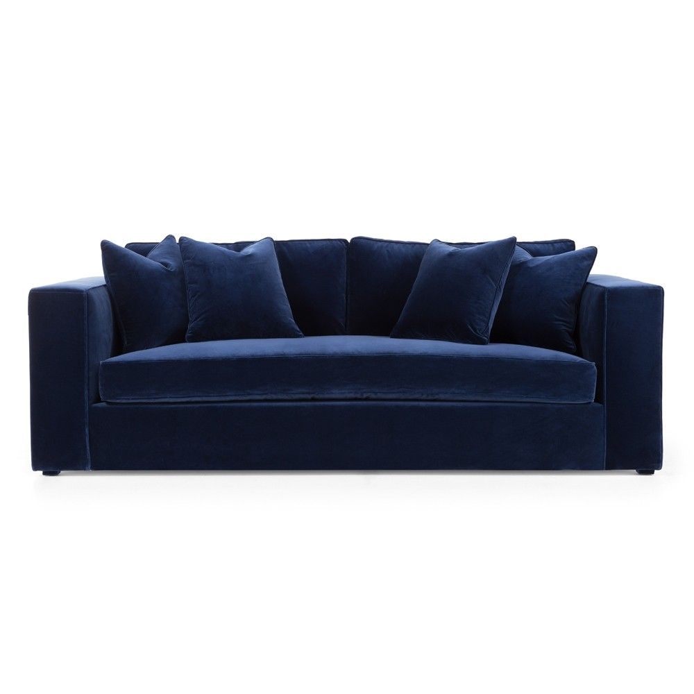 contemporary royal blue upholstered sofa with wide arms