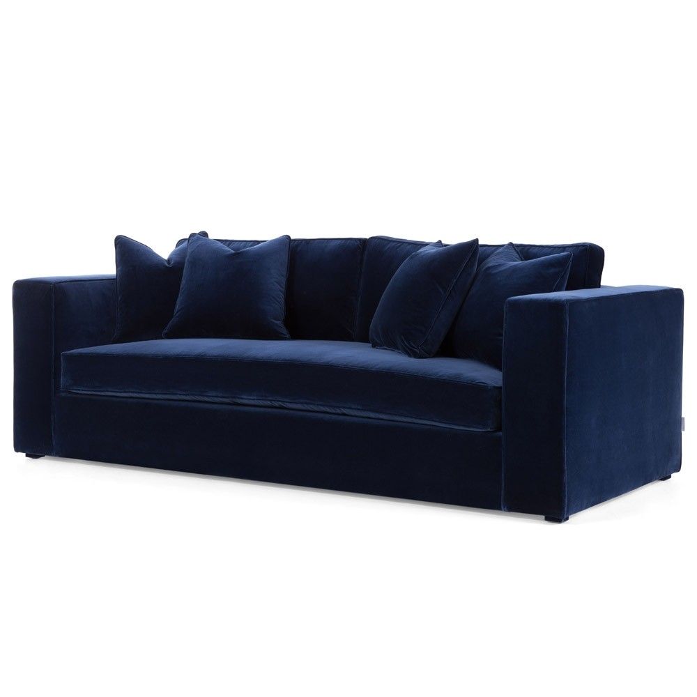 contemporary royal blue upholstered sofa with wide arms