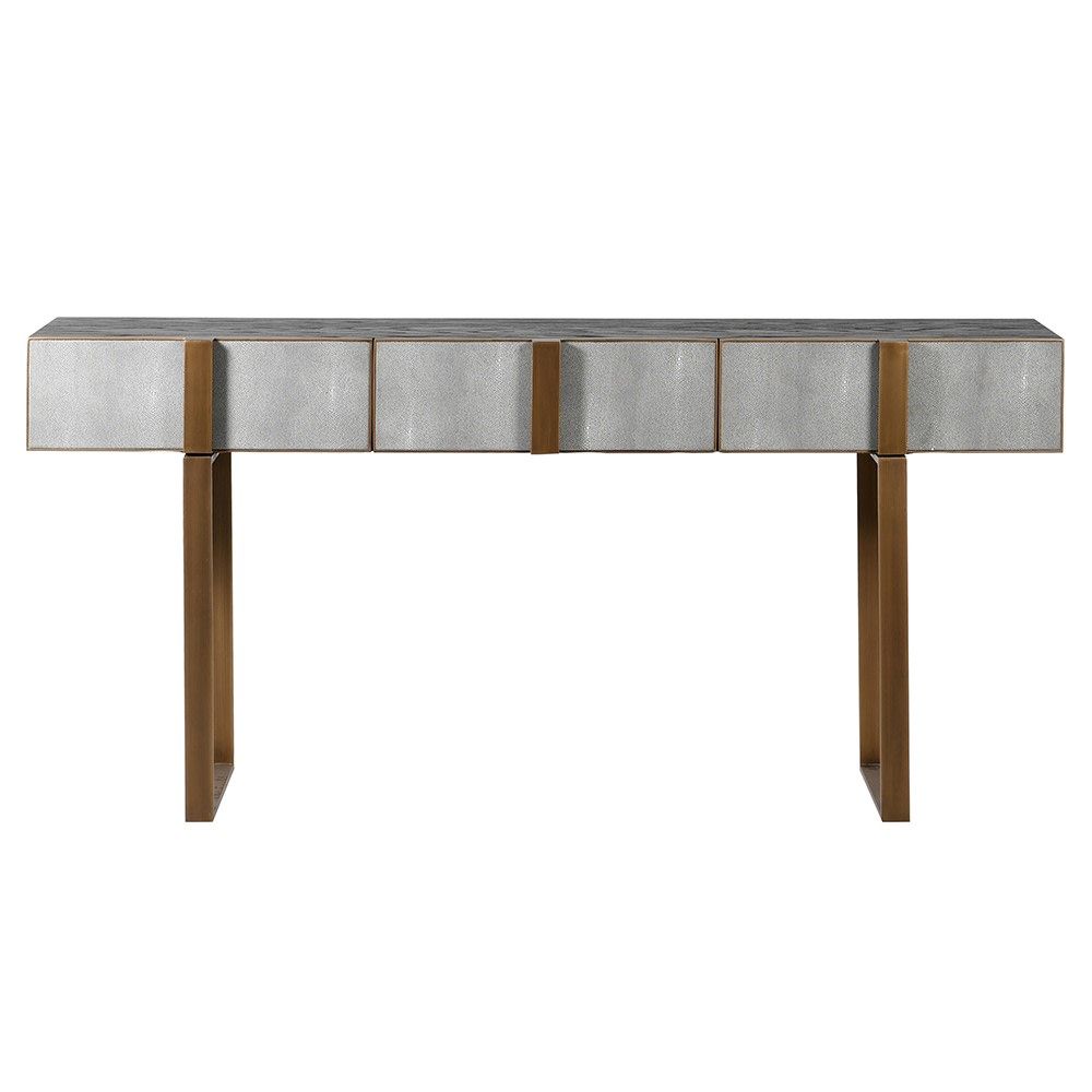 Striking console table with brass detailing and shagreen drawers