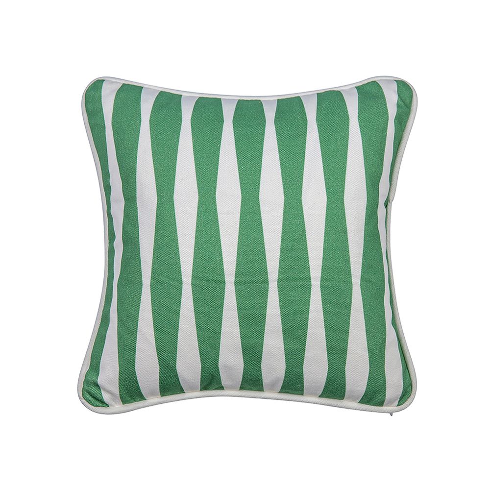 A small green patterned children's cushion with white piping