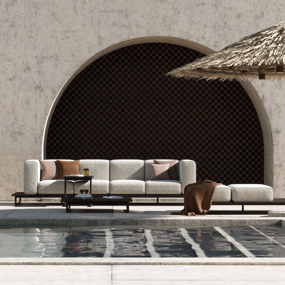 A contemporary left-hand outdoor sofa with quick dry foam and natural coloured upholstery 
