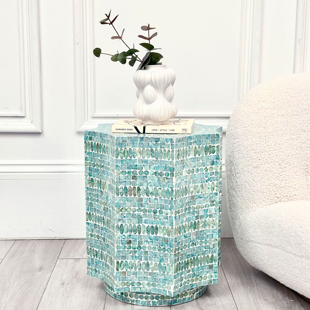 Mediterranean style stool in turquoise capiz finish