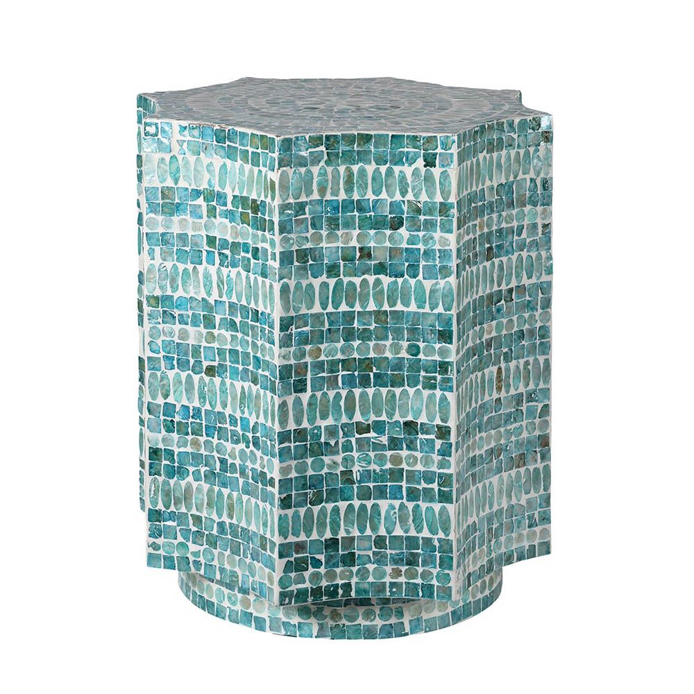 Mediterranean style stool in turquoise capiz finish