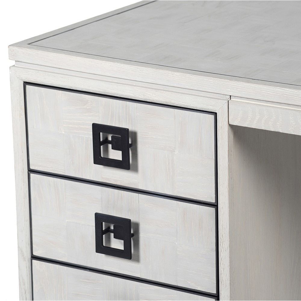 A luxurious white oak and iron desk with spacious storage drawers 
