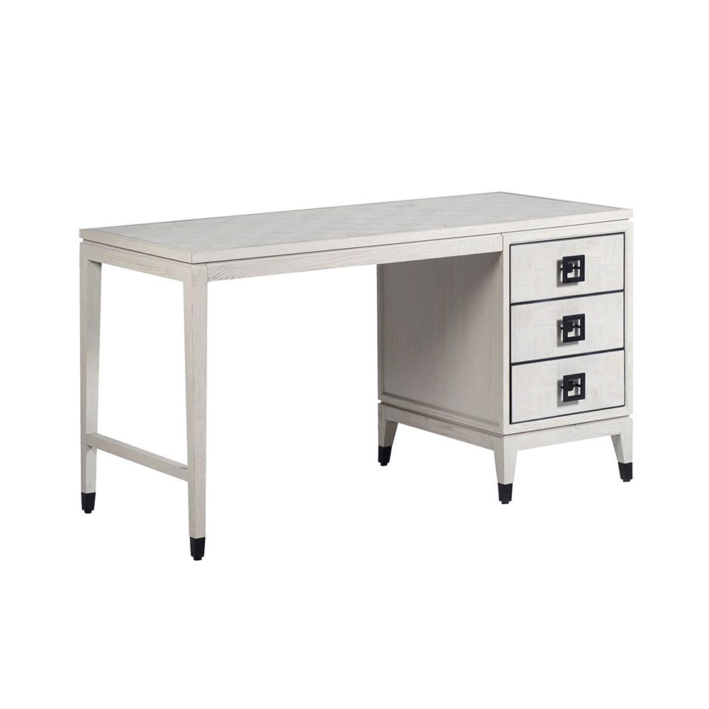 A luxurious white oak and iron desk with spacious storage drawers 
