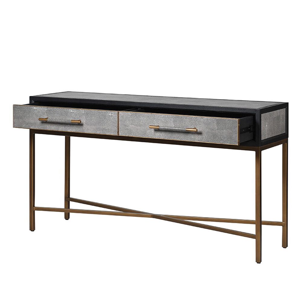 grey shagreen console table with black outlining and brass legs and details 