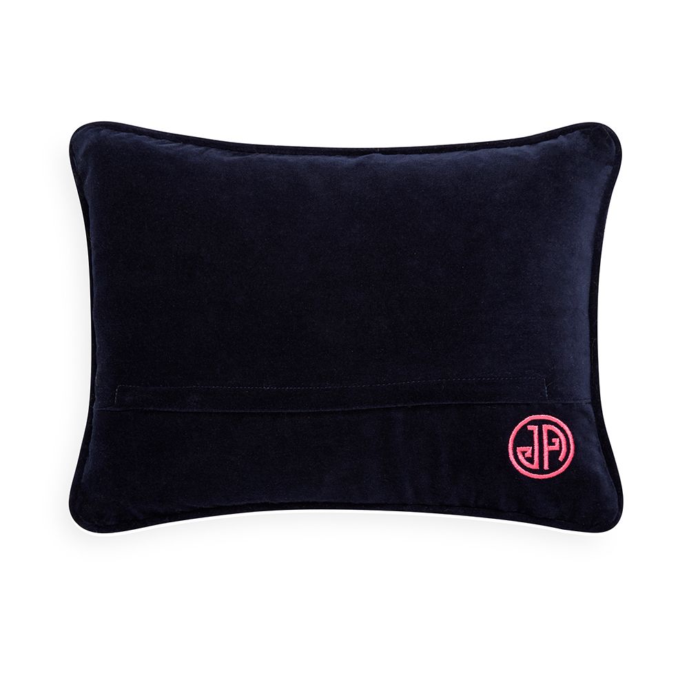 A bold and beautiful Boss Lady Cushion by Jonathan Adler hand-embroidered from 100% wool and finished with a luxury velvet back and feather insert