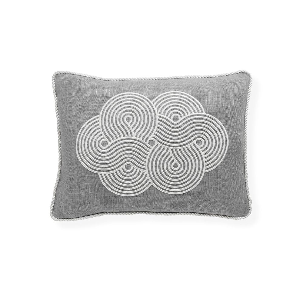 A stylish grey cushion from Jonathan Adler with a luxury linen cover featuring 70s inspired patterns and a feather insert 
