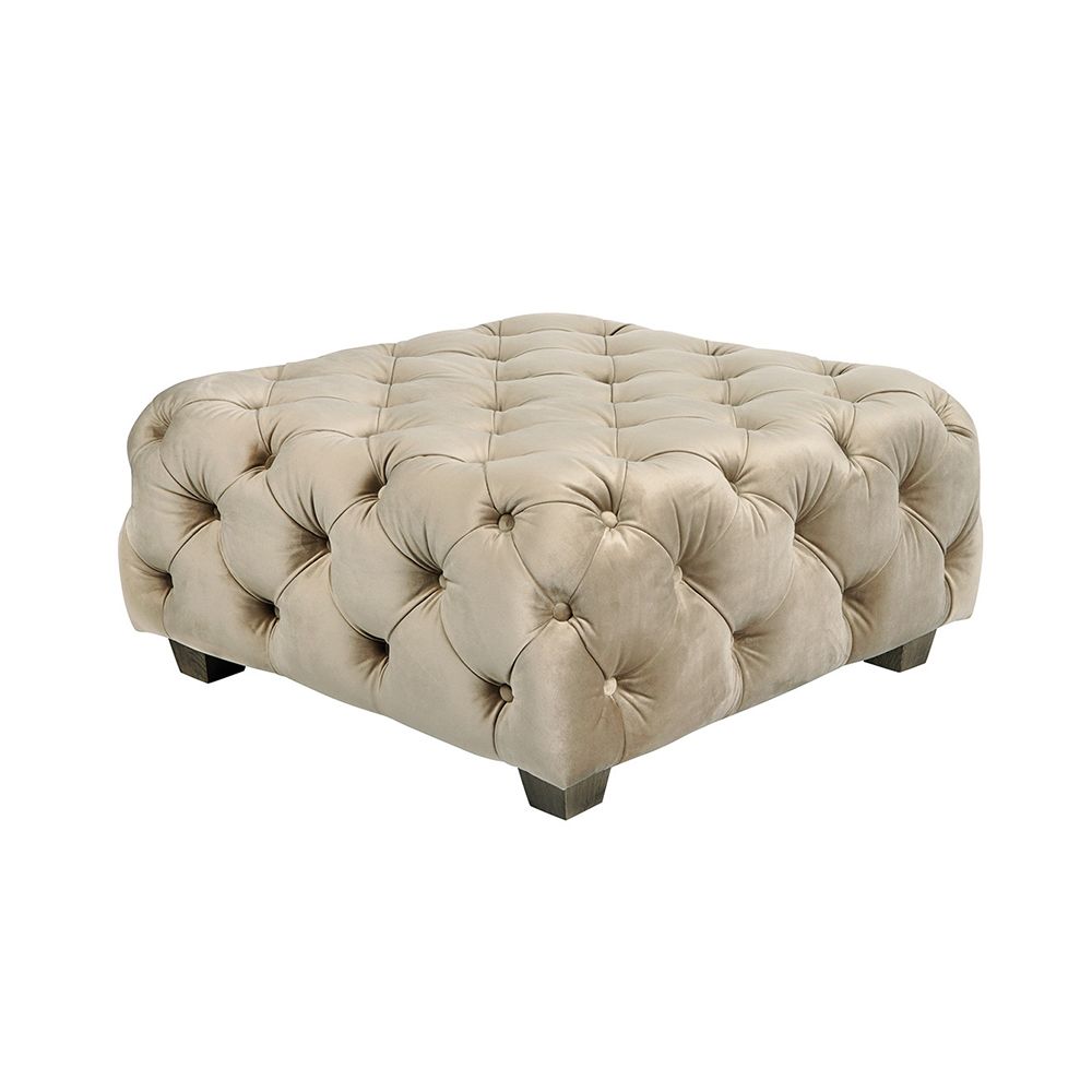 French-style, luxe chic pouffe in beige velvet with deep buttoning