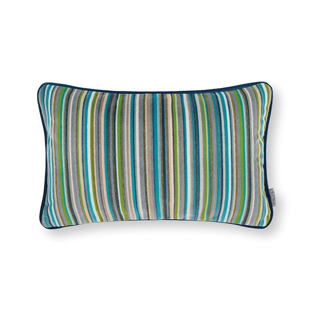 A rectangular outdoor cushion in a bright striped velvet fabric.