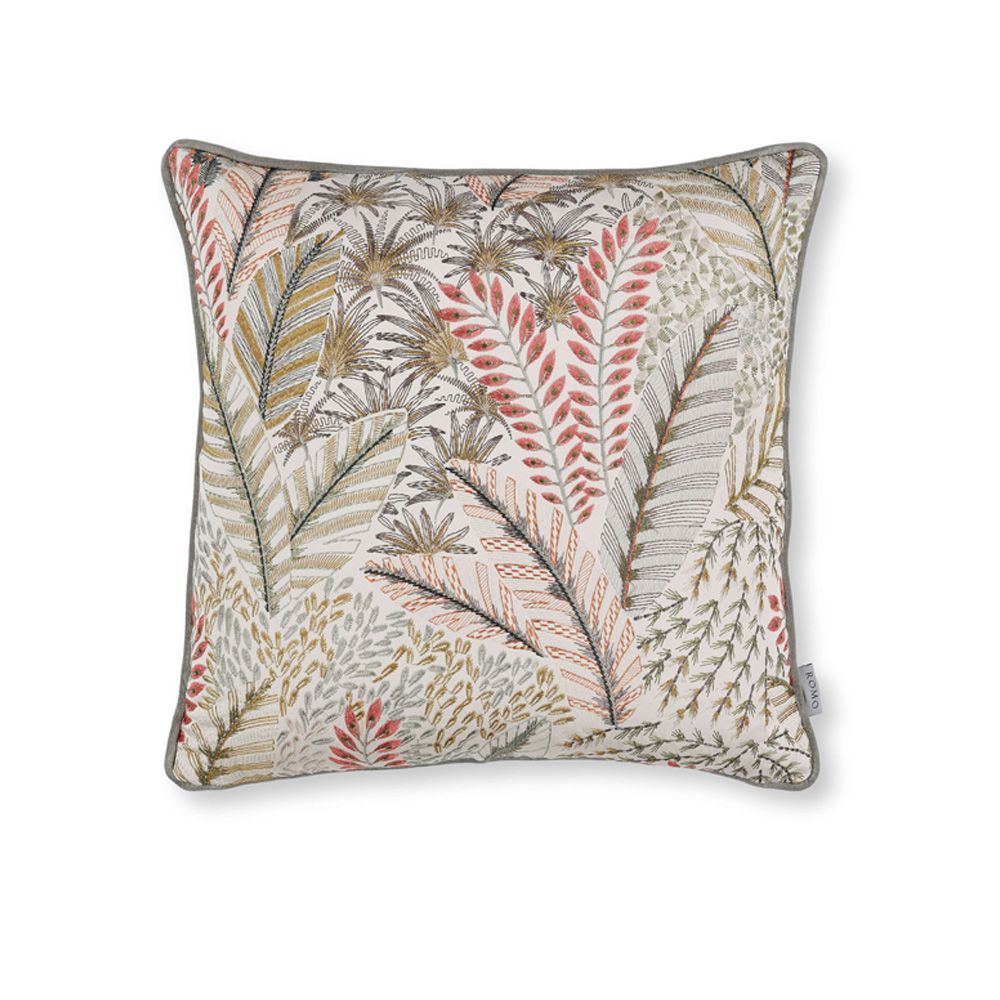 A lovely embroidered satin cushion by Romo featuring gorgeous pops of colour against warm neutrals